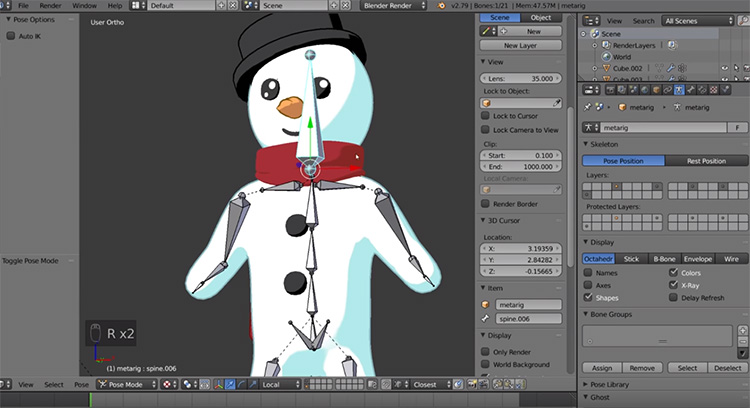 Snowman character rigging in Blender