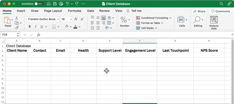 Center the title of the excel database in the first row