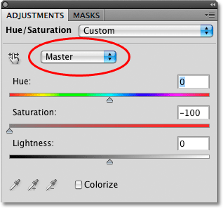 The color selection option in the Hue/Saturation dialog box in Photoshop. Image © 2010 Photoshop Essentials.com