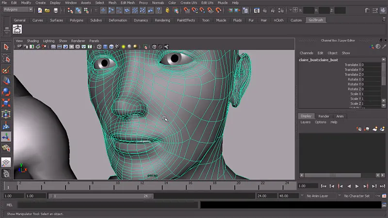 edge loops for mouth, nose, and eyes on 3d model of face