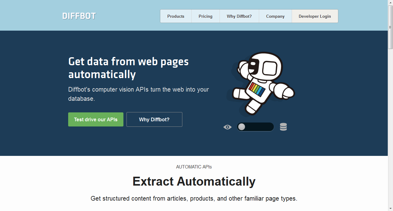 Diffbot allow you automatically extract the data from the webpages -  [Jcount.com]