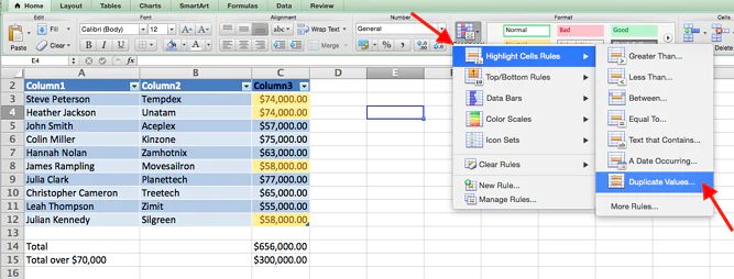 Identify duplicate values in Excel