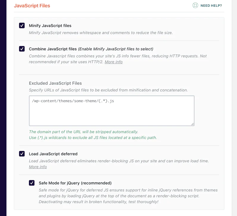 WP Rocket Javascript settings