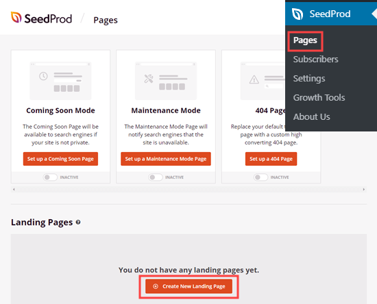 Creating a new landing page in SeedProd