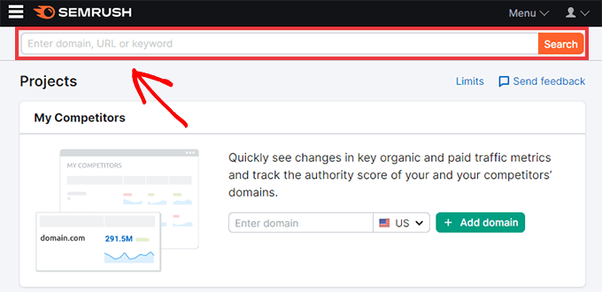 Semrush - enter keyword into search bar