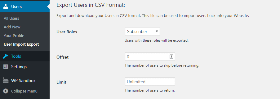 Choosing which user roles to export.