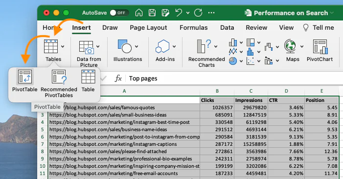 how to create a pivot table step 3: highlight your cells to create your pivot table