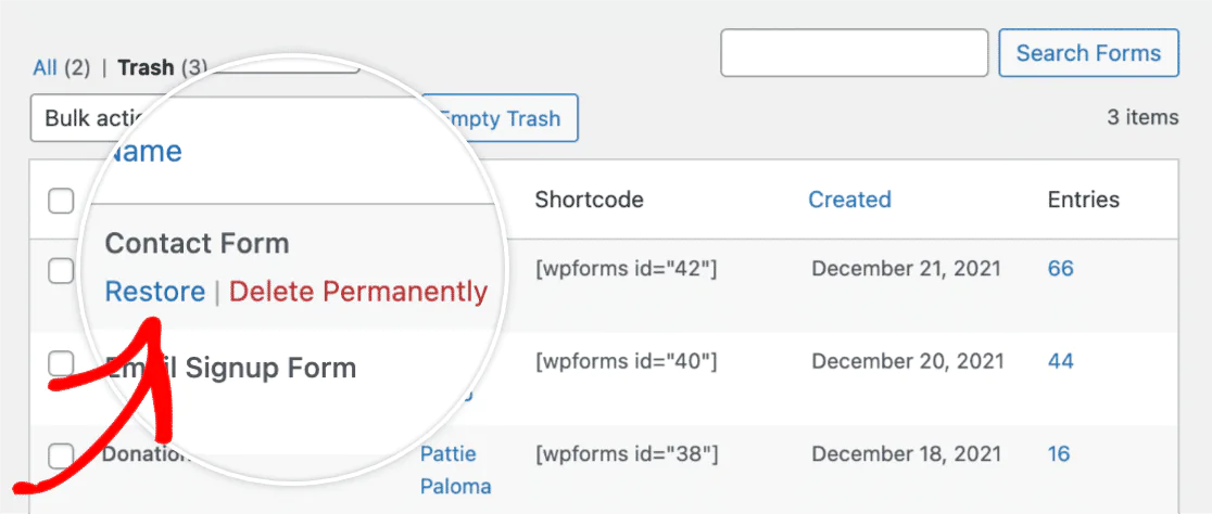 WPForms - restore from trash