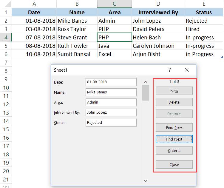 Buttons of the Entry Form in Excel