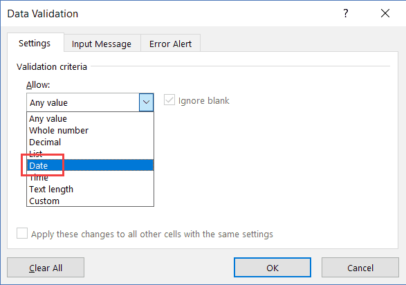 Date Option in Data Validation Drop Down