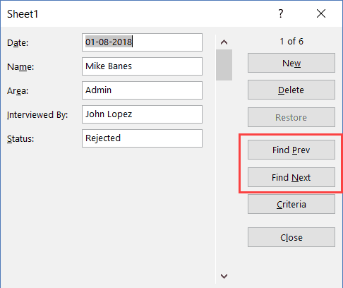Navigating uing the Data Entry Form in Excel