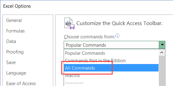 Select All Commands from the drop down