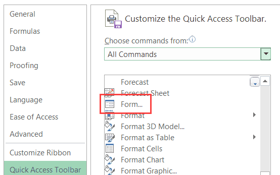 Select Form option in the Excel Options dialog box