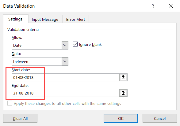 Start and End Date in Data Validation