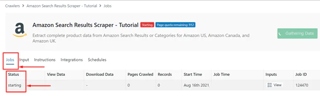 progress-of-the-Amazon-scraper-under-the-Jobs-tab