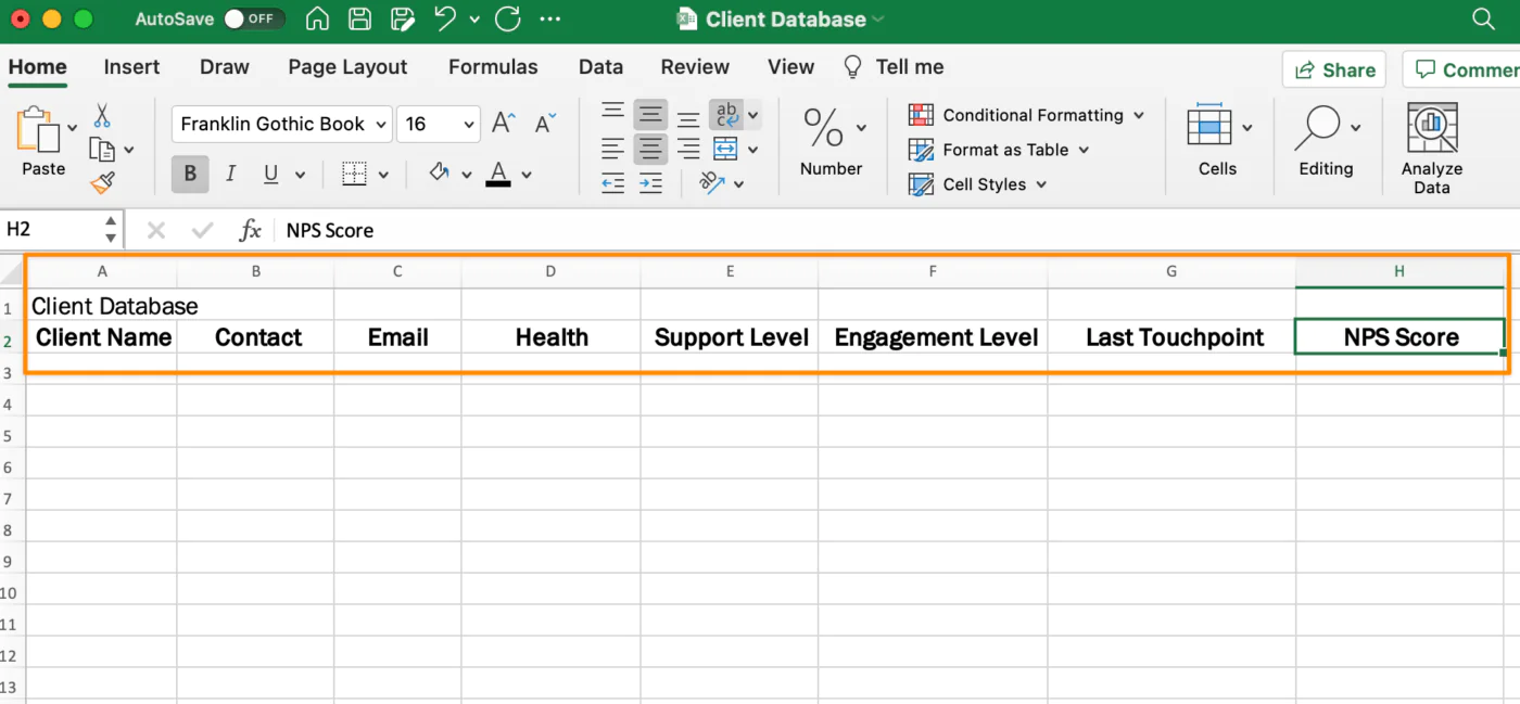 Add column headings to the second row of the excel database table 