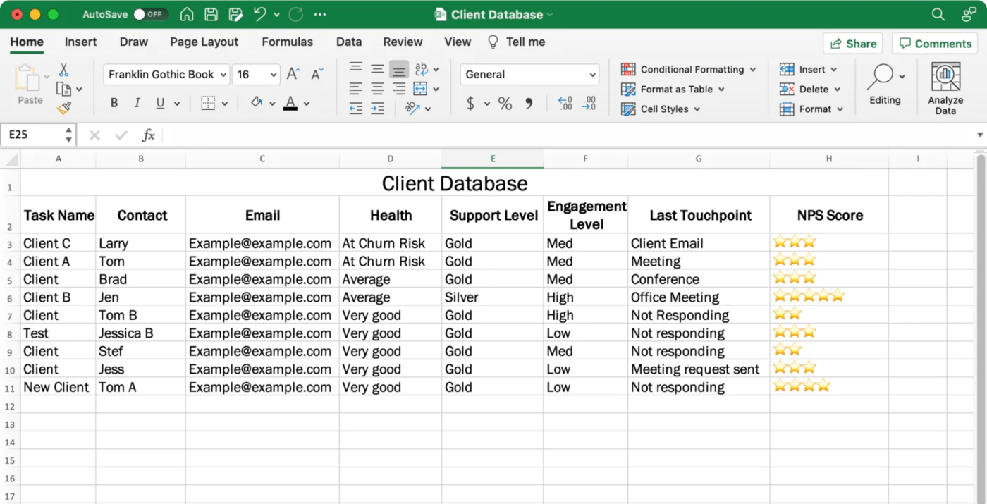 Enter data in the excel database under the first row title
