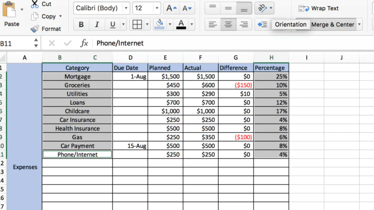Screenshot #2 of creating a graph for a spreadsheet budget