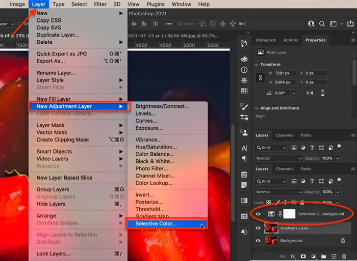 Screenshot showing how to add an adjustment layer for Photoshop selective color tool