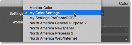 Selecting my new custom color settings from the list of presets.