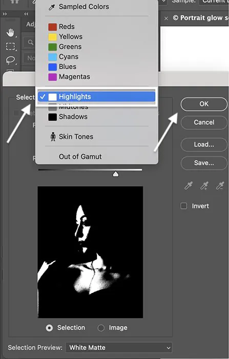 Screenshot of selecting color range highlights for Photoshop glow effect