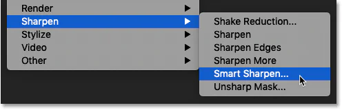 Selecting the Smart Sharpen filter in Photoshop
