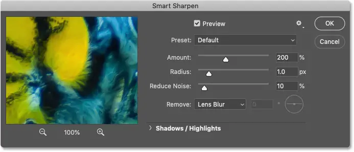 Selecting the Smart Sharpen filter in Photoshop