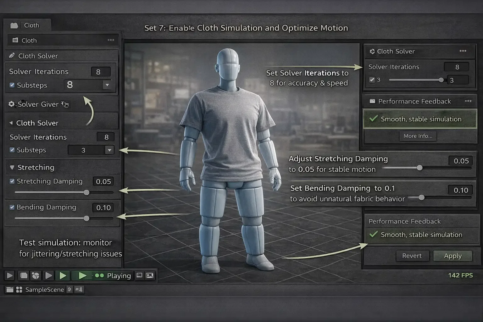 Stabilise Cloth Simulation and Optimise Motion